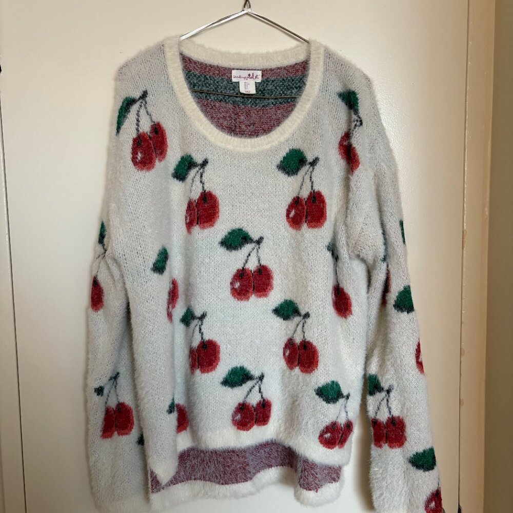 Fuzzy White Cherry Print Sweater